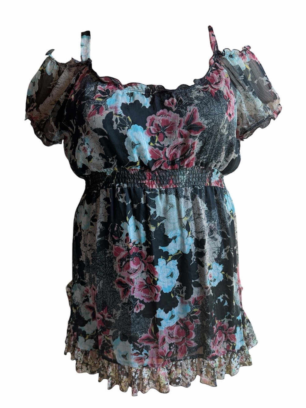 American Rag Black Floral Tunic with Pink & Blue Flowers
